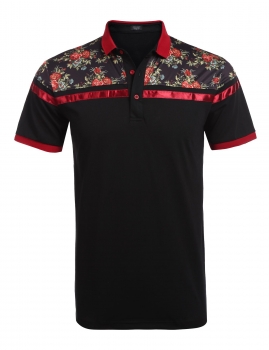 

Black Men Short Sleeve Floral Patchwork Slim Fit Casual Polo Shirt, Multicolor