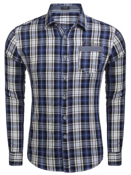 

Blue Men's Long Sleeve Plaid Letter Embroidery Pocket Casual Shirt, Multicolor