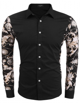 

Black Men Casual Printing Patchwork Slim Fit Long Sleeve Shirts, Multicolor