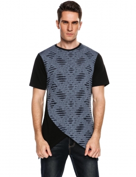 

Blue Hip Hop Short Sleeve Contrast Color Asymmetrical Ripped T-Shirts, Multicolor