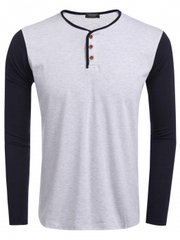 

Light gray Henley Neck Contrast Color Long Sleeve Pullover Casual T-Shirt, Multicolor