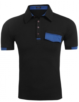 

Black Turn Down Collar Short Sleeve Color Block Patchwork Polo T-Shirt, Multicolor