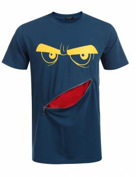 

Blue Men O-Neck Short Sleeve Zipper Print Casual T-Shirt, Multicolor
