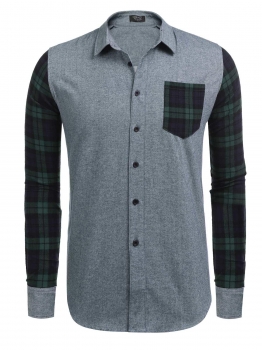 

Green Long Sleeve Plaid Patchwork Button Down Shirt with Pocket, Multicolor