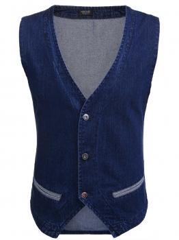 

Blue Men's V-Neck 3-Button Irregular Hem Casual Denim Vest with Pocket, Multicolor