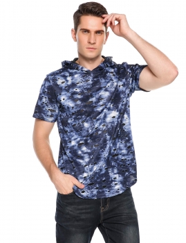 

Blue Short Sleeve Hip Hop Casual Hooded T-Shirt, Multicolor