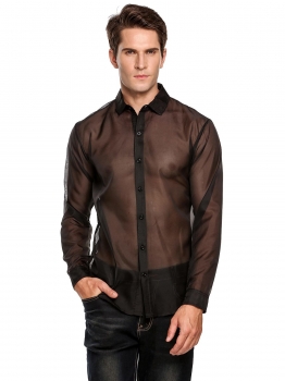 

Black Fashion Long Sleeve See-through Net Button Down Shirt, Multicolor