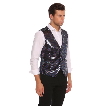 

Blue Mens Sleeveless Slim Fit 4 Button Patchwork Shiny Sequins Pockets Vest, Multicolor