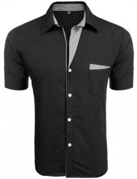 

Black Men's Short Sleeve Patchwork Pocket Button Down Shirt, Multicolor