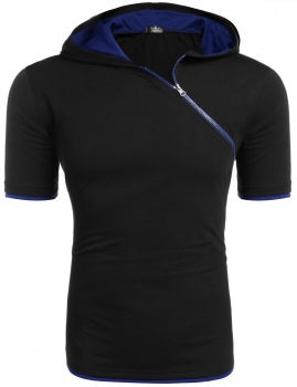 

Black&Blue Short Sleeve Patchwork Zipper Casual Hooded T-Shirt, Multicolor
