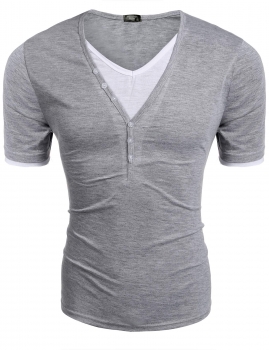 

Light gray Men's V-Neck Button Short Sleeve Contrast Color Patchwork T-Shirt, Multicolor