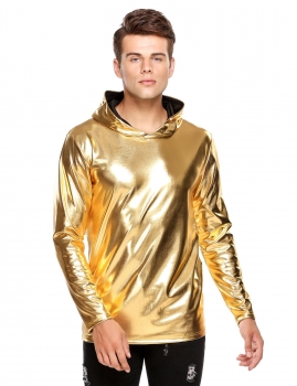 

Golden Metallic Hooded Long Sleeve Nightclub Style Solid Hoodie, Multicolor