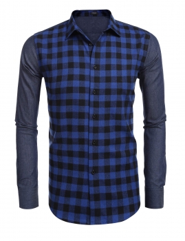 

Men's Long Sleeve Denim Plaid Patchwork Casual Button Down Shirt, Multicolor