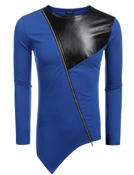 

Blue Long Sleeve Synthetic Leather Patchwork Zipper Asymmetrical T-Shirt, Multicolor