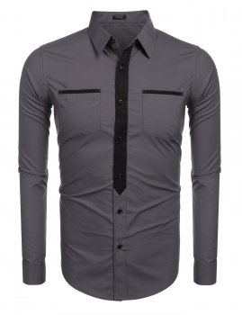 

Gray Contrast Color Placket Slim Fit Long Sleeve Casual Shirts, Multicolor