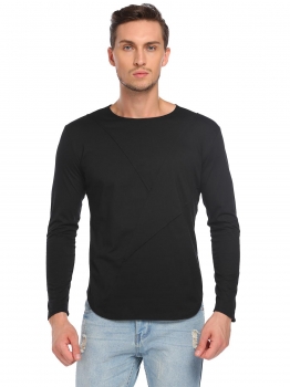 

Black O-Neck Long Sleeve Solid Arc-shaped Hem T-Shirts, Multicolor