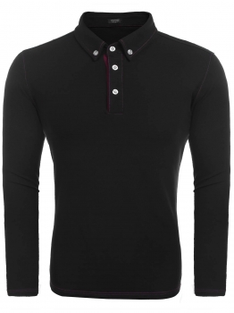 

Black Turn Down Collar Long Sleeve Solid Casual Polo Shirt, Multicolor