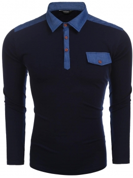 

Dark blue Long Sleeve Denim Patchwork Casual Polo Shirt with Pocket, Multicolor