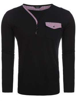 

Black Long Sleeve Notch Neck Shoulder Epaulets Patchwork T-Shirts, Multicolor