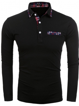 

Black Men's Turn Down Collar Long Sleeve Plaid Patchwork Polo T-Shirt, Multicolor
