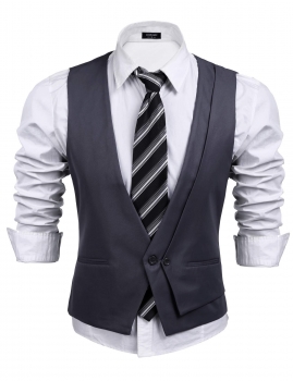 

Gray V-Neck Solid Single Button Slim Fit Business Suit Vest Waistcoat, Multicolor