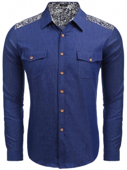 

Men's Long Sleeve Denim Floral Patchwork Casual Button Down Shirt, Multicolor