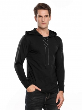 

Black Long Sleeve Solid Front Drawstring Criss Cross Hoodie, Multicolor