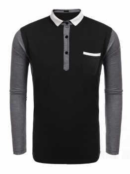 

Black Men's Long Sleeve Turn Down Collar Patchwork Polo Shirts, Multicolor