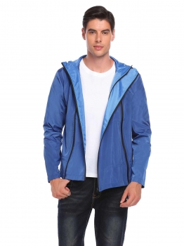 

Blue Men Casual Hoodie Long Sleeve Front Zipper Pocket Raincoat, Multicolor