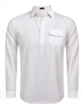 

White Long Sleeve Collared Solid Slim Pocket Polo Shirts, Multicolor