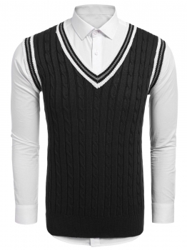 

Black Men Casual Knitted Slim Fit V-neck Sweater Vest With Twisted Patterned, Multicolor