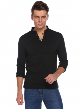 

Black Men's Stand Collar Long Sleeve Button Solid Casual Slim Fit T-Shirt, Multicolor