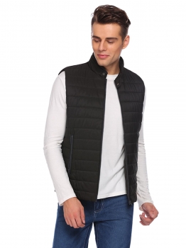 

Black Men's Stand Collar Zip Up Solid Vest with Pocket, Multicolor