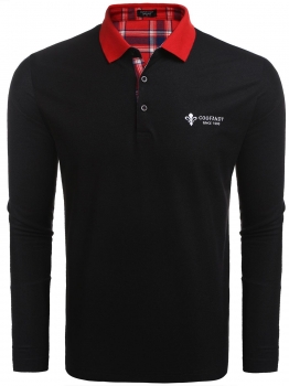 

Black Men's Turn Down Collar Long Sleeve Patchwork Letter Casual Polo Shirt, Multicolor