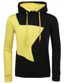 

Black yellow Men's Casual Long Sleeve Contrast Color String Hoodie, Multicolor
