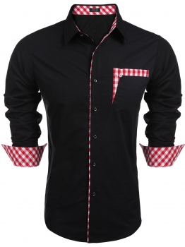 

Black Men's Slim Fit Long Sleeve Plaid Patchwork Button Down Casual Shirts, Multicolor