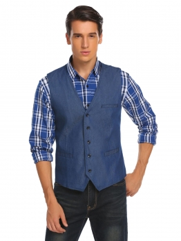 

Blue Mens Casual V-Neck Sleeveless Solid 5 Button Vest, Multicolor