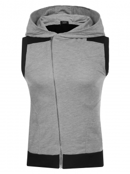 

Gray Sleeveless Patchwork Zip Up Slim Fit Hooded Vest with Pocket, Multicolor
