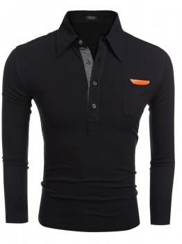 

Black Casual Turn Down Collar Long Sleeve Polo Shirt with Pocket, Multicolor