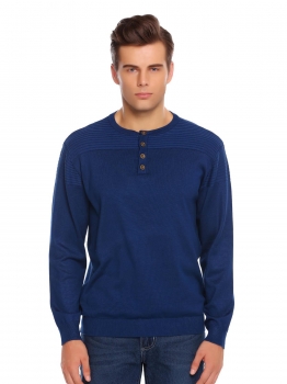 

Blue Solid Thin Neck Long Sleeve Half Buttoned Sweater, Multicolor