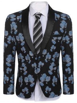 

Black Shawl Lapel Floral Slim Fit One Button Dinner Party Blazer, Multicolor