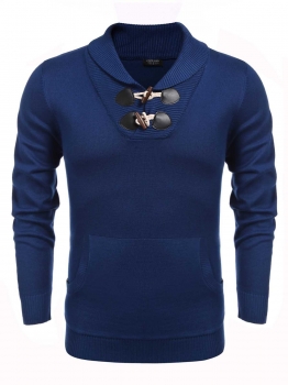 

Blue Long Sleeve Turn Down Collar Knitting Pullover Sweater Horn Pocket, Multicolor