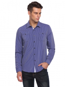 

Blue Men Long Sleeve Turn Down Collar Button Shirts Dress Striped Business Work, Multicolor