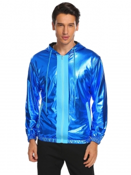 

Blue Long Sleeve Hooded Metallic Zip Up Patchwork Bomber Sports Jacket With Pocket, Multicolor