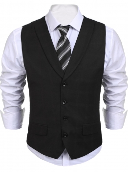

Black Shawl Lapel Sleeveless Slim Fit 4-Button Business Suit Vest, Multicolor