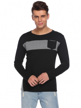 

Black Men's O-Neck Patchwork Slim Casual T-Shirt with Pocket, Multicolor