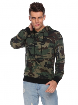 

Green Hooded Long Sleeve Camouflage Pocket Casual Hoodie, Multicolor
