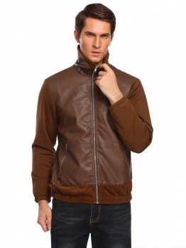 

Brown Turn Down Collar Zipper PU Patchwork Flight Bomber Jacket, Multicolor