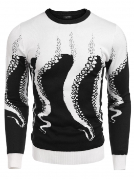 

Black Men Casual O-Neck Long Sleeve Slim Fit Octopus Pattern Pullover Sweater, Multicolor