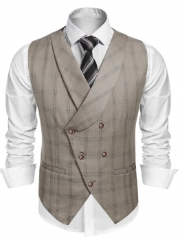 

Brown Men Shawl Collar Plaid Patchwork Double-breasted Slim Fit Business Suit Vest, Multicolor